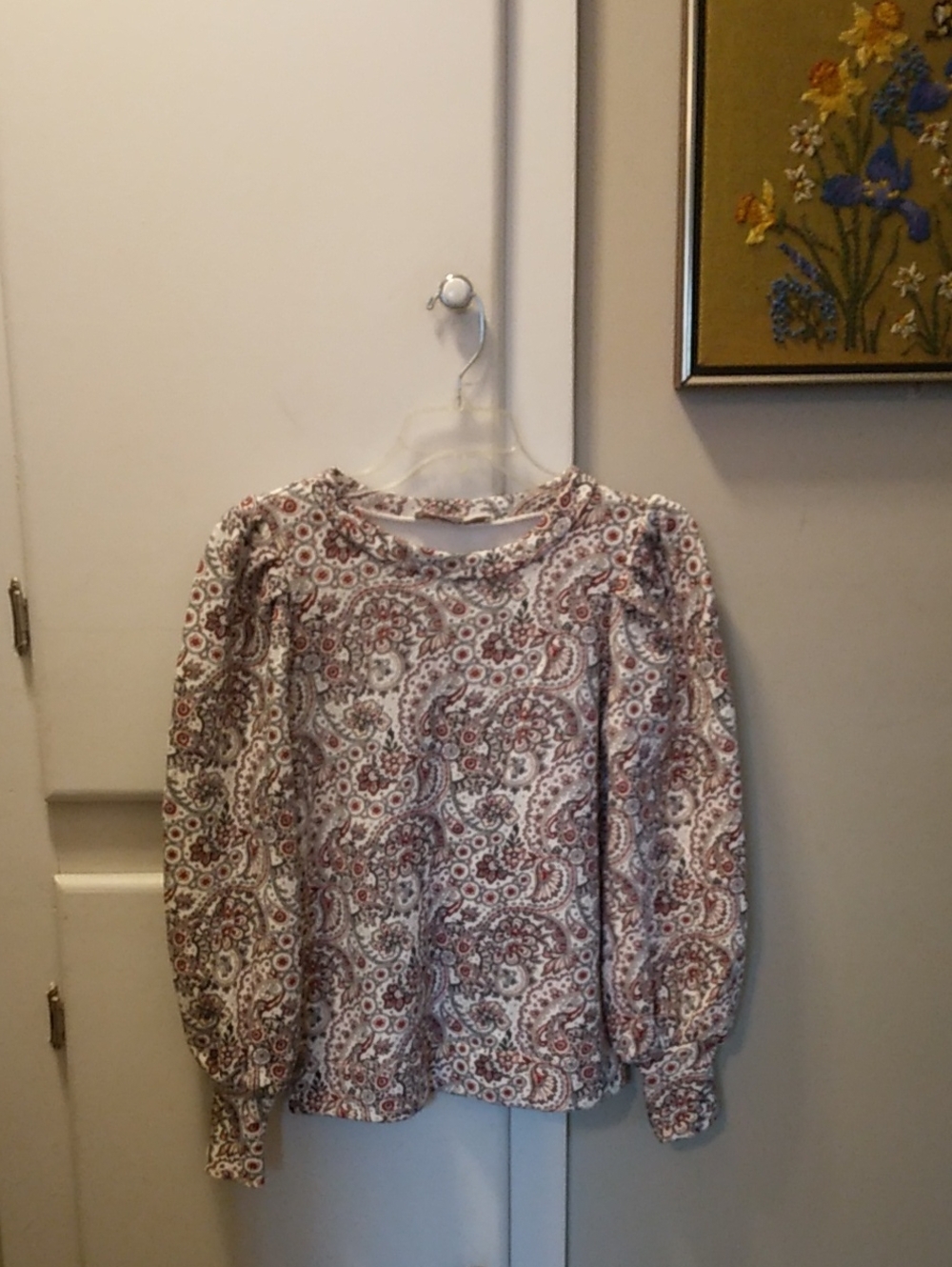 LOFT Cream Long-Sleeve Paisley Puff Shoulder Top